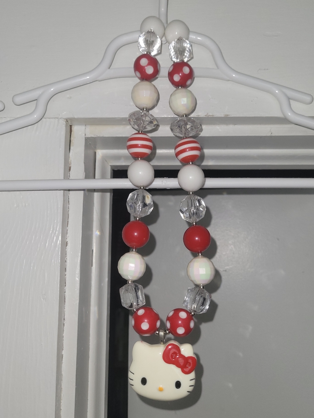 Vintage Hello Kitty Red, White & Clear Beaded Acrylic  Necklace